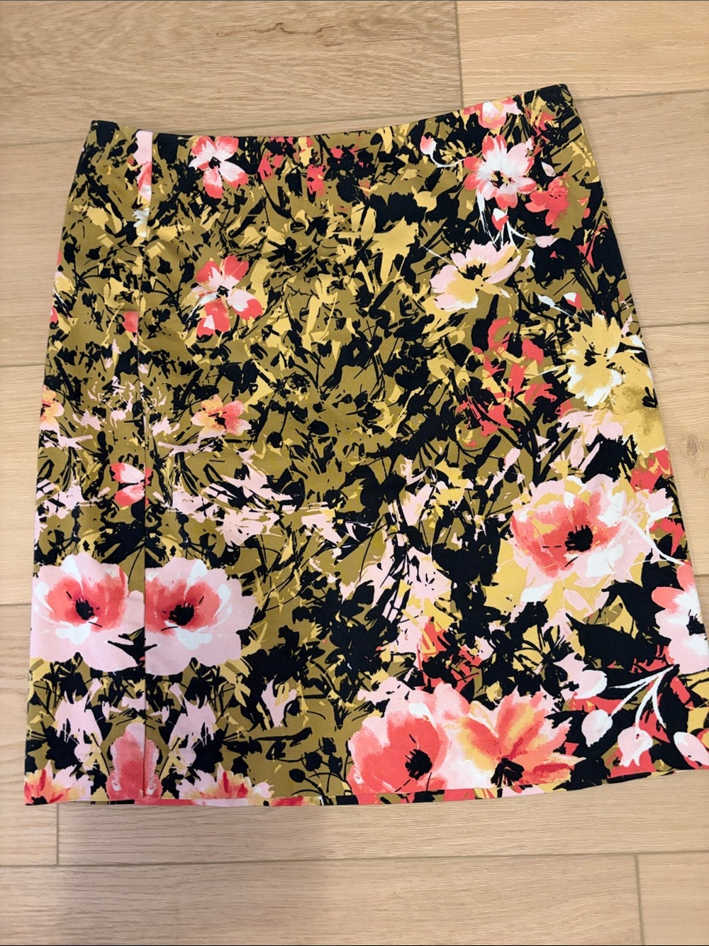 J. Jill Olive Green Floral Skirt with Pink Blooms